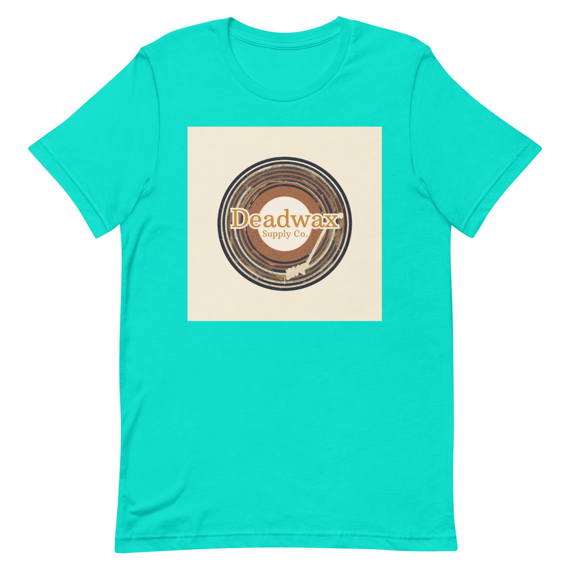 Deadwax Tonearm Tee in teal – vinyl record collector t-shirt with tonearm and record logo