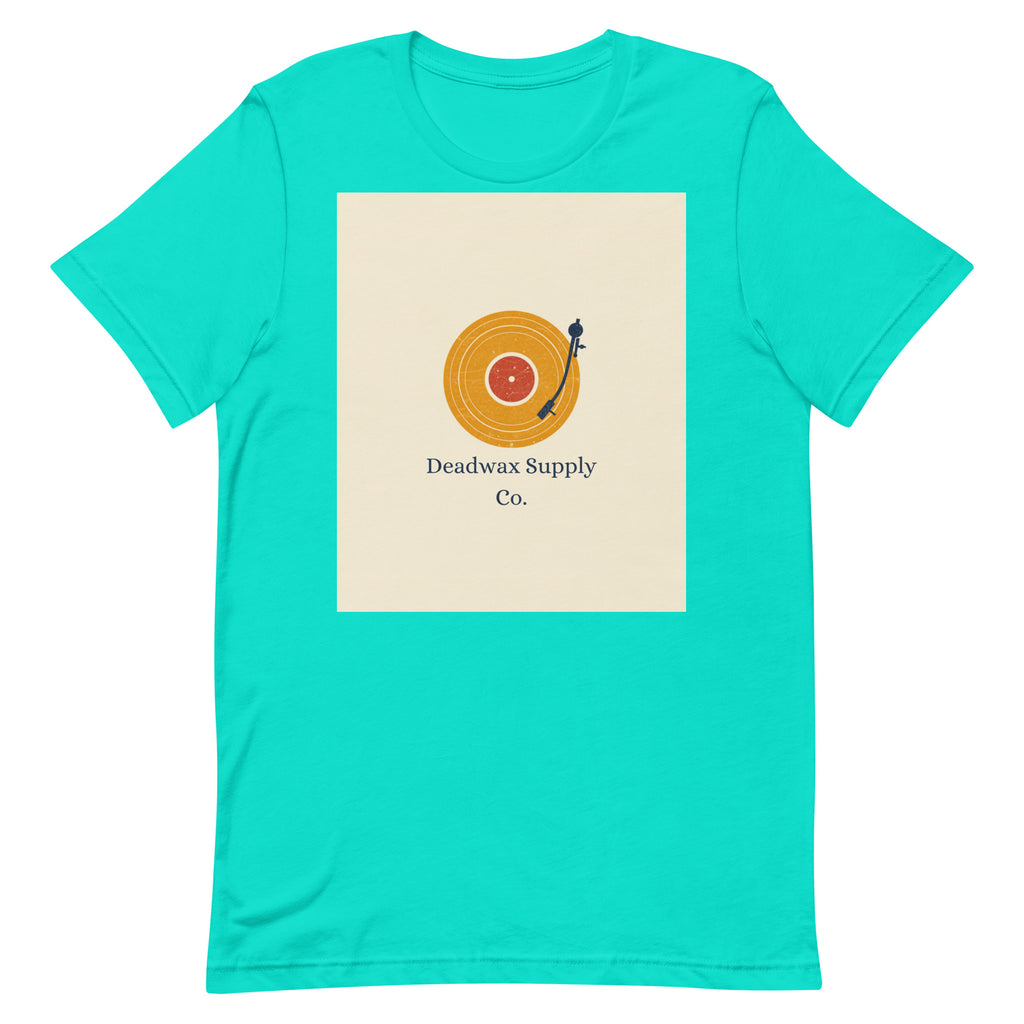Deadwax Tonearm Tee in teal – vinyl record collector t-shirt with tonearm and record logo