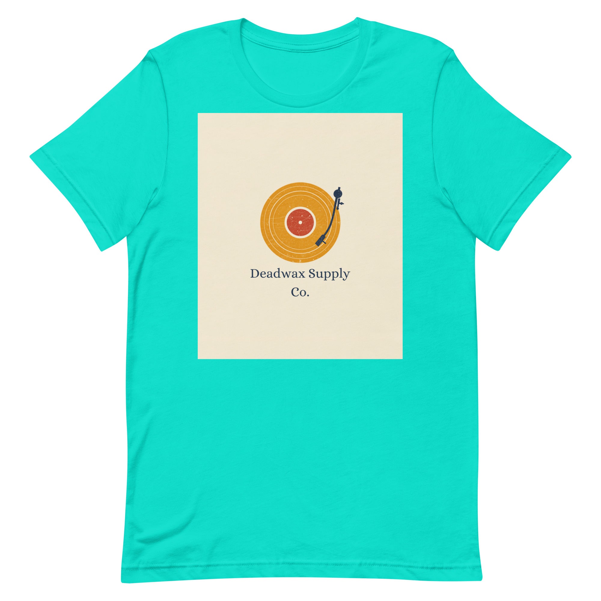 Deadwax Tonearm Tee in teal – vinyl record collector t-shirt with tonearm and record logo