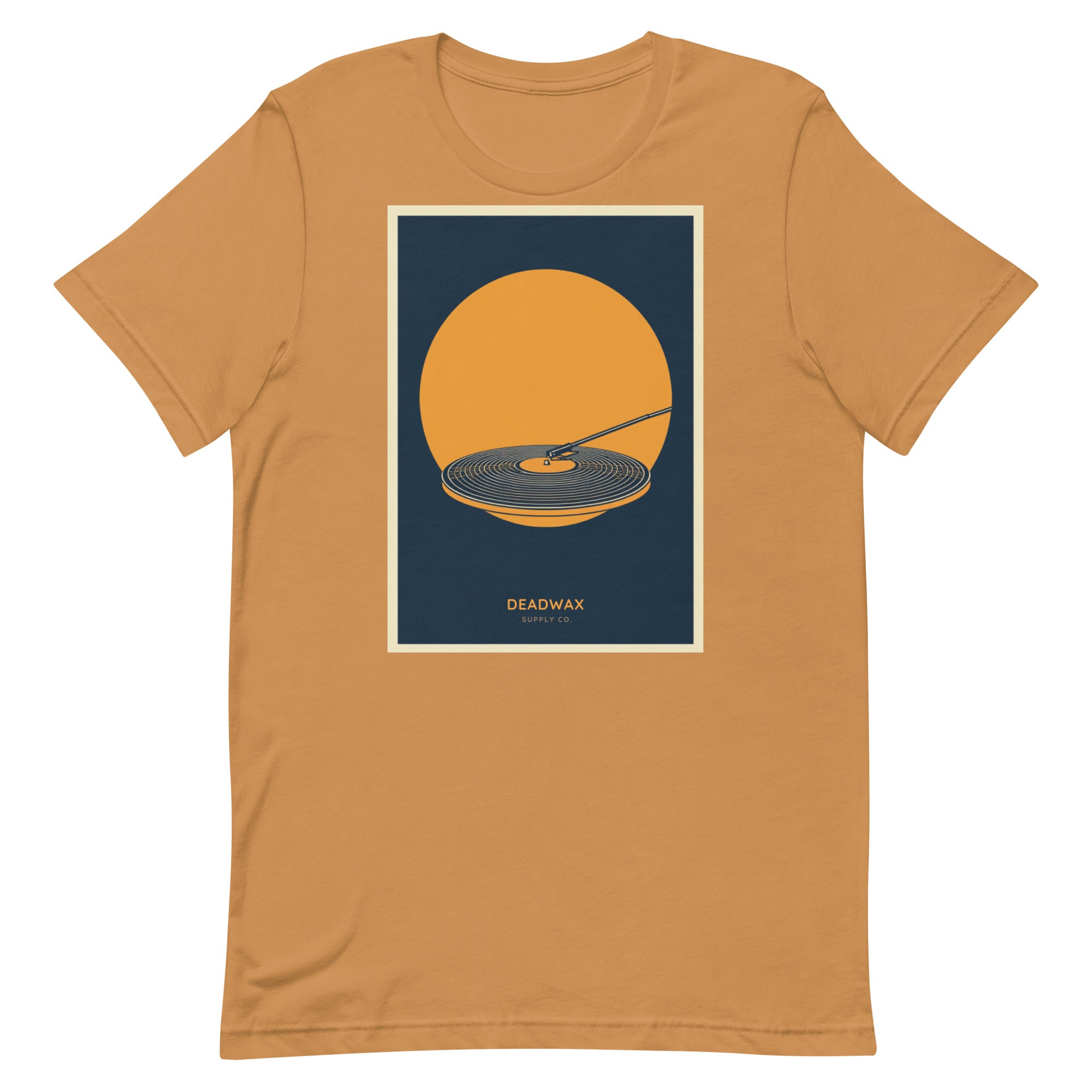 Deadwax Tonearm Tee in toast – vinyl record collector t-shirt with tonearm and record logo