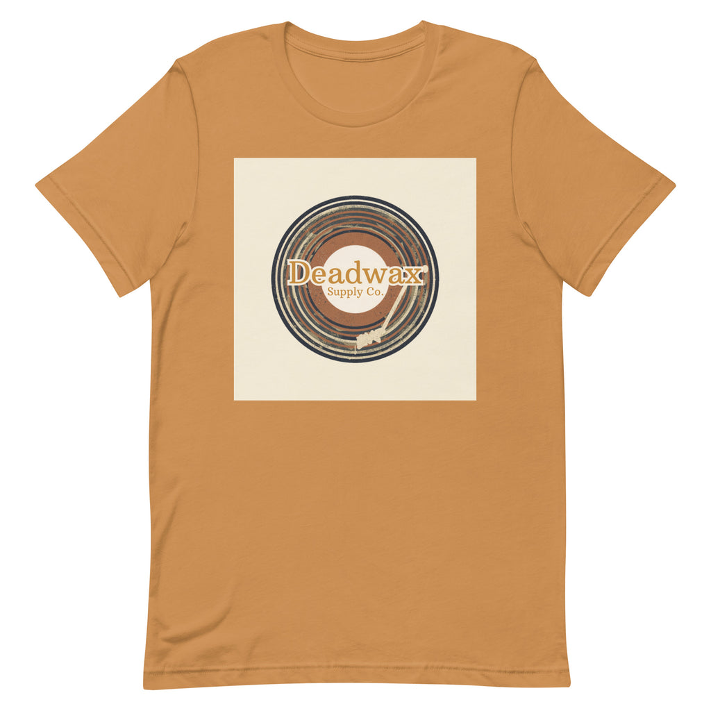 Deadwax Tonearm Tee in toast – vinyl record collector t-shirt with tonearm and record logo