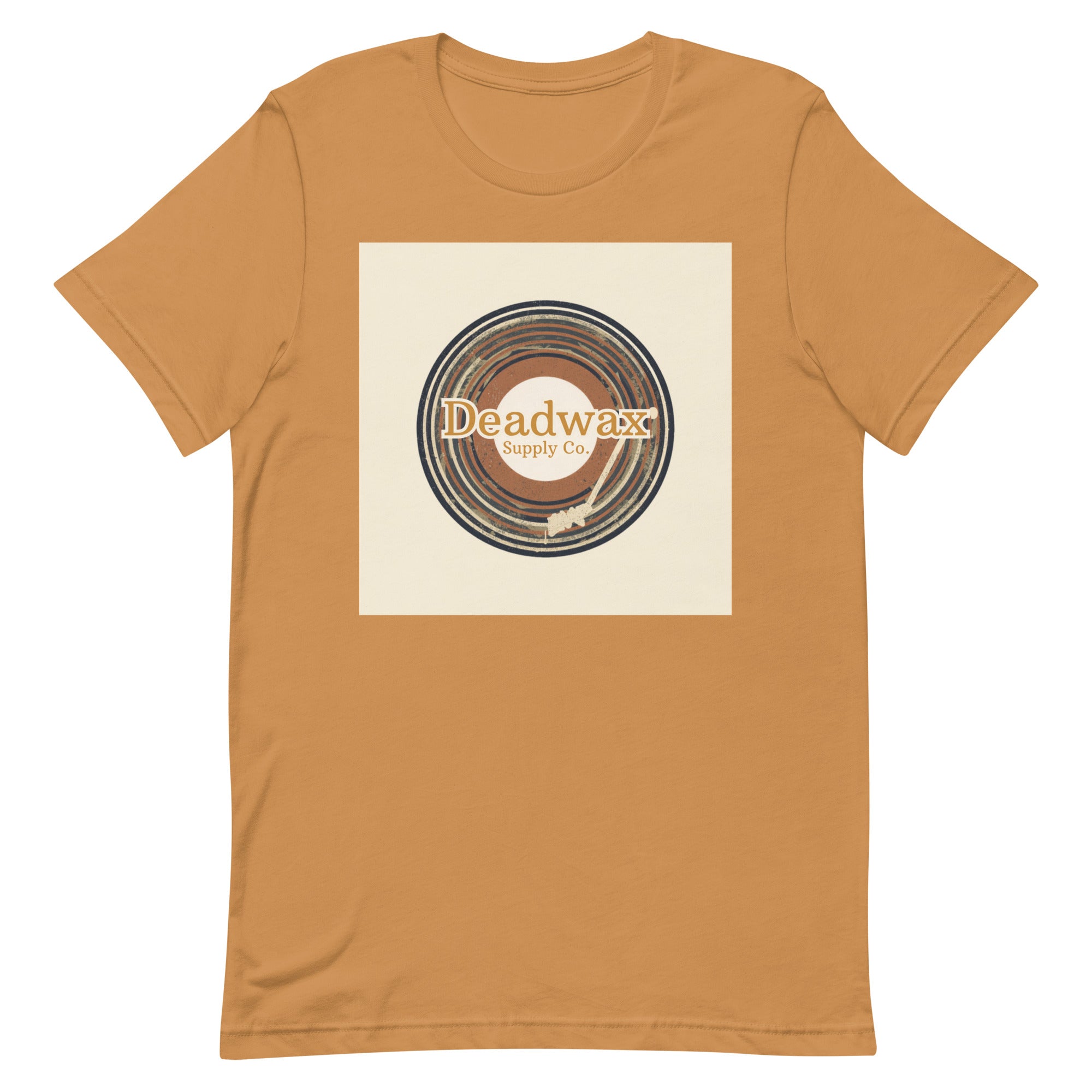 Deadwax Tonearm Tee in toast – vinyl record collector t-shirt with tonearm and record logo
