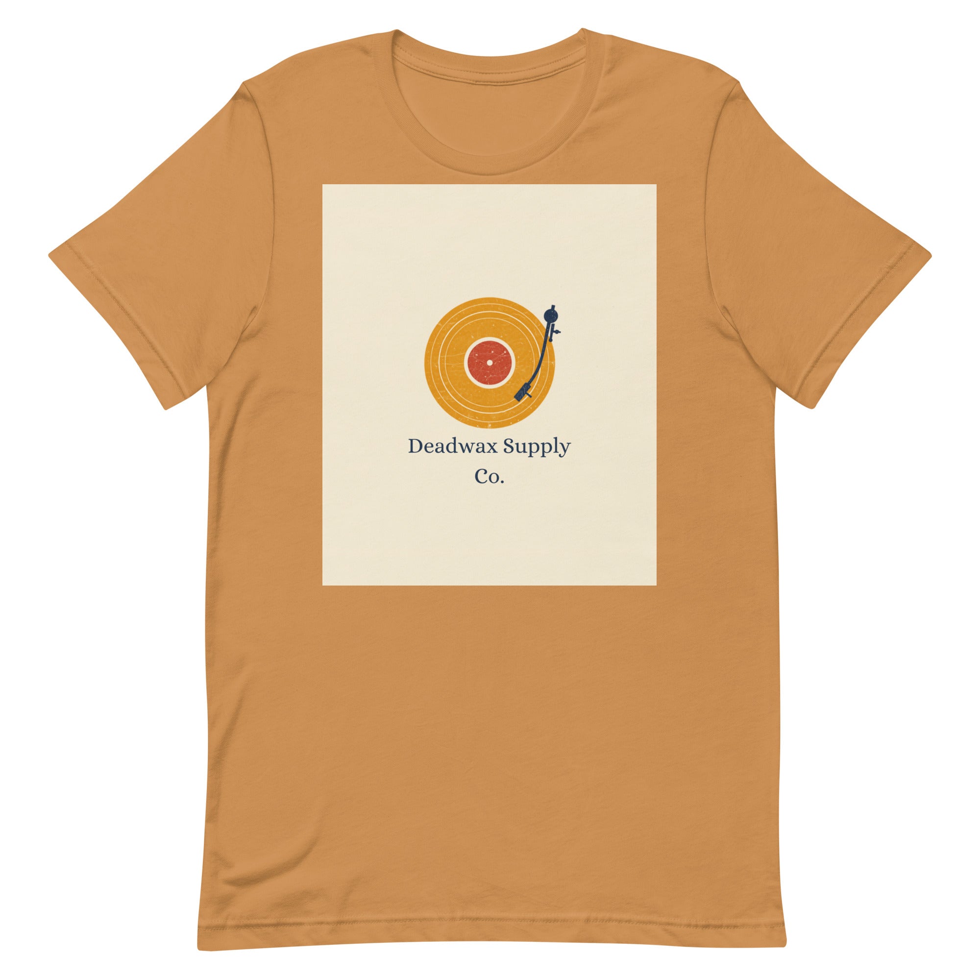Deadwax Tonearm Tee in toast – vinyl record collector t-shirt with tonearm and record logo