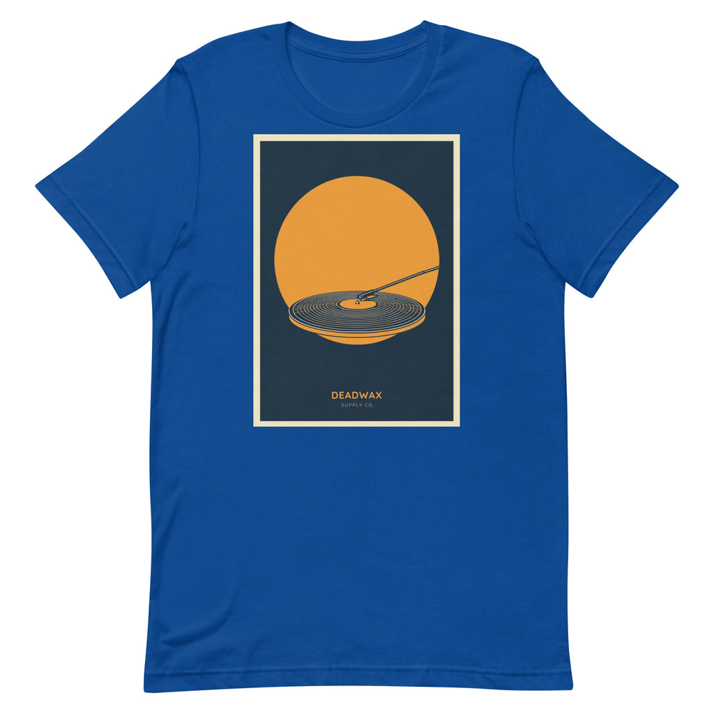 Deadwax Tonearm Tee in true royal – vinyl record collector t-shirt with tonearm and record logo