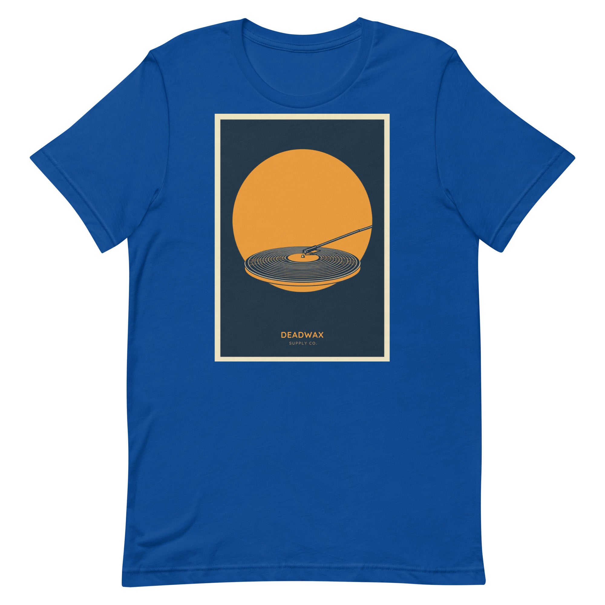 Deadwax Tonearm Tee in true royal – vinyl record collector t-shirt with tonearm and record logo