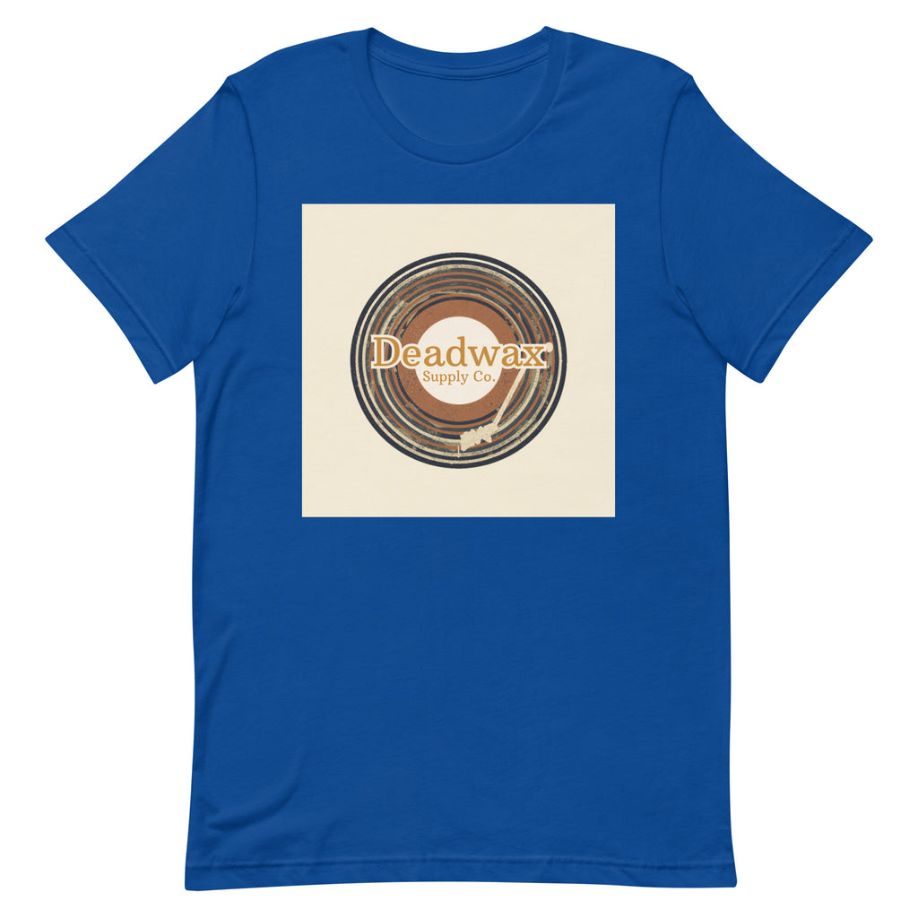 Deadwax Tonearm Tee in true royal – vinyl record collector t-shirt with tonearm and record logo