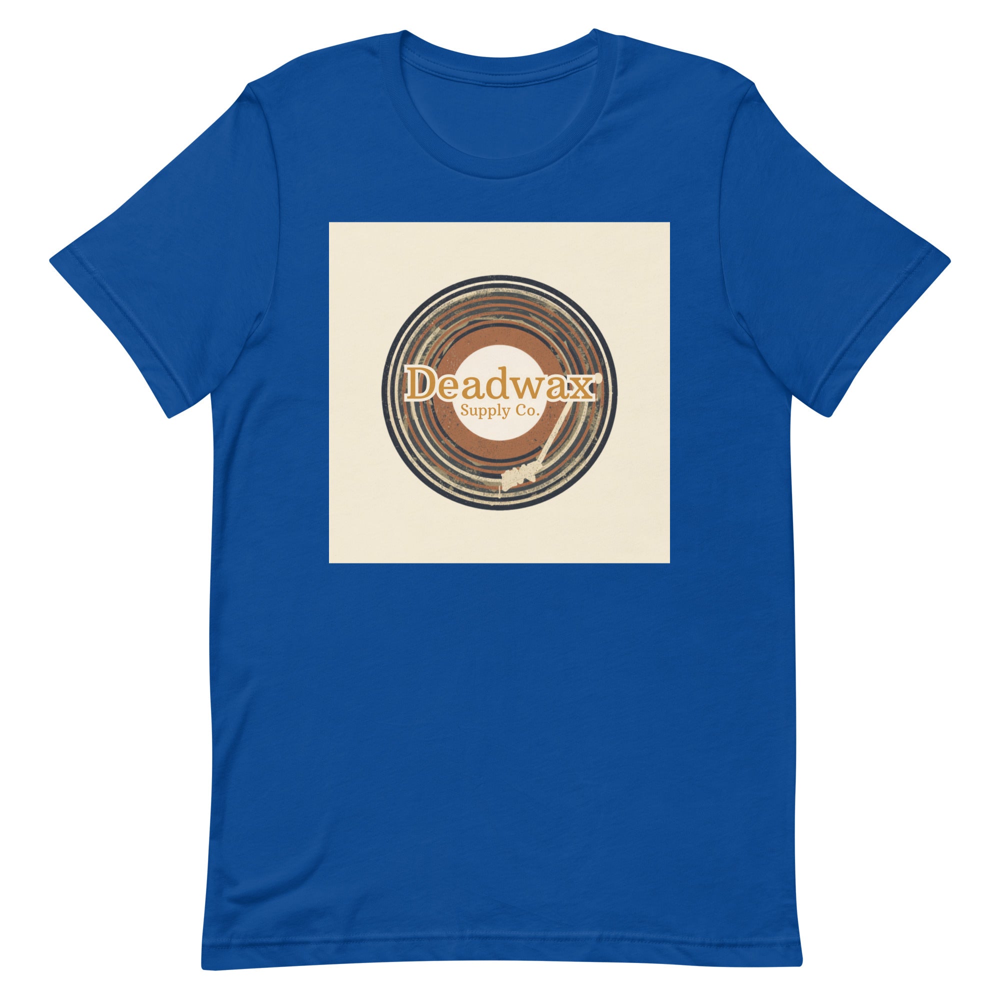 Deadwax Tonearm Tee in true royal – vinyl record collector t-shirt with tonearm and record logo