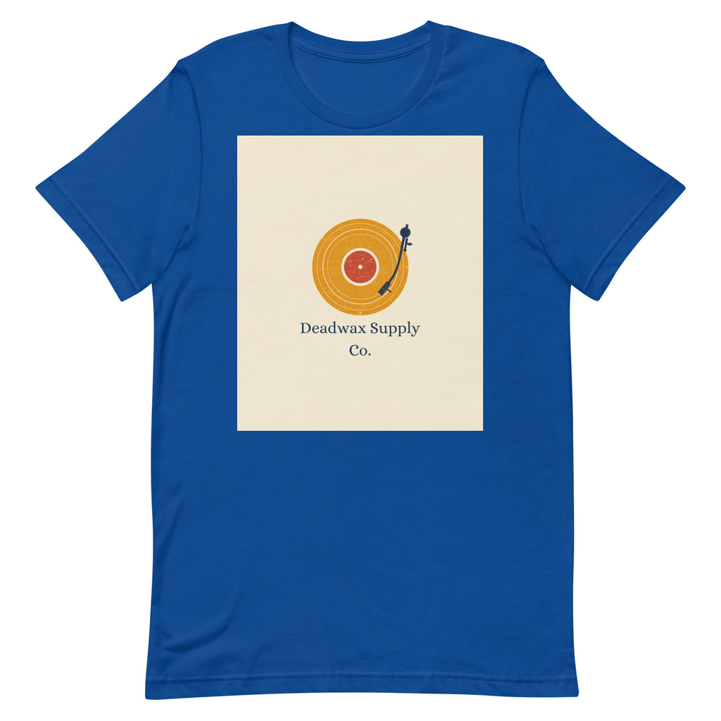 Deadwax Tonearm Tee in true royal – vinyl record collector t-shirt with tonearm and record logo