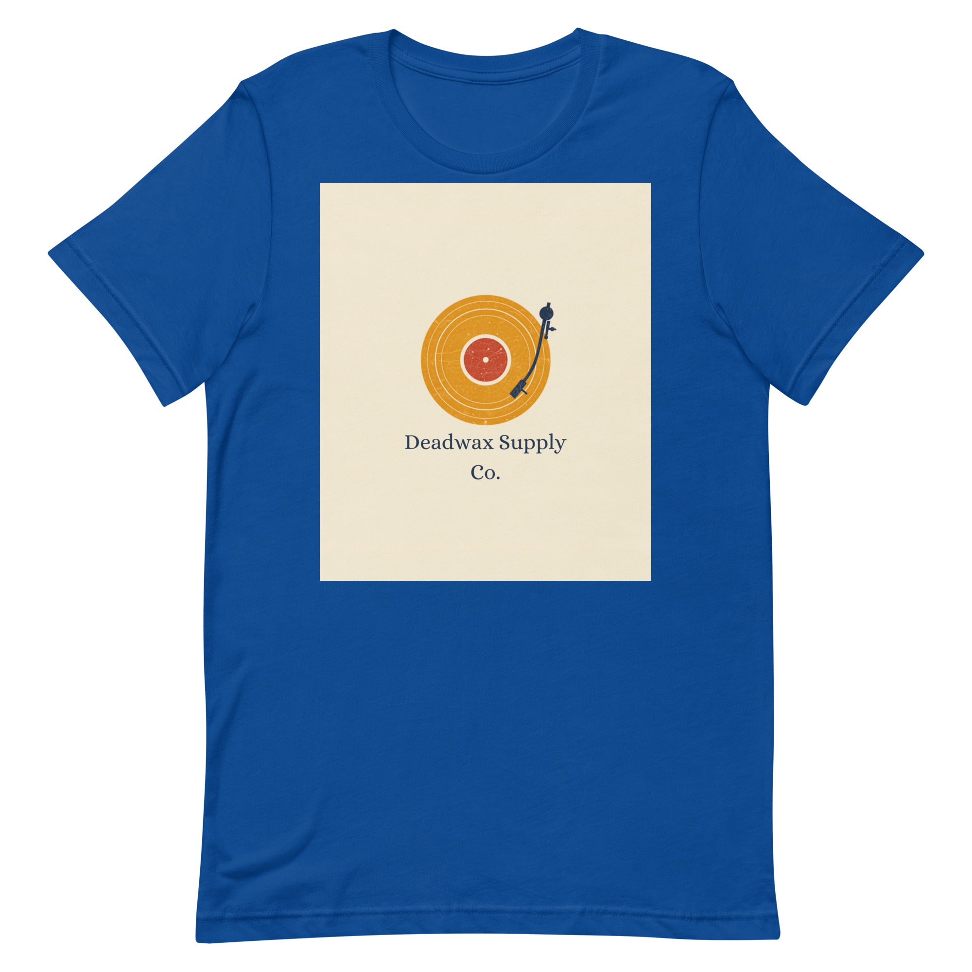 Deadwax Tonearm Tee in true royal – vinyl record collector t-shirt with tonearm and record logo