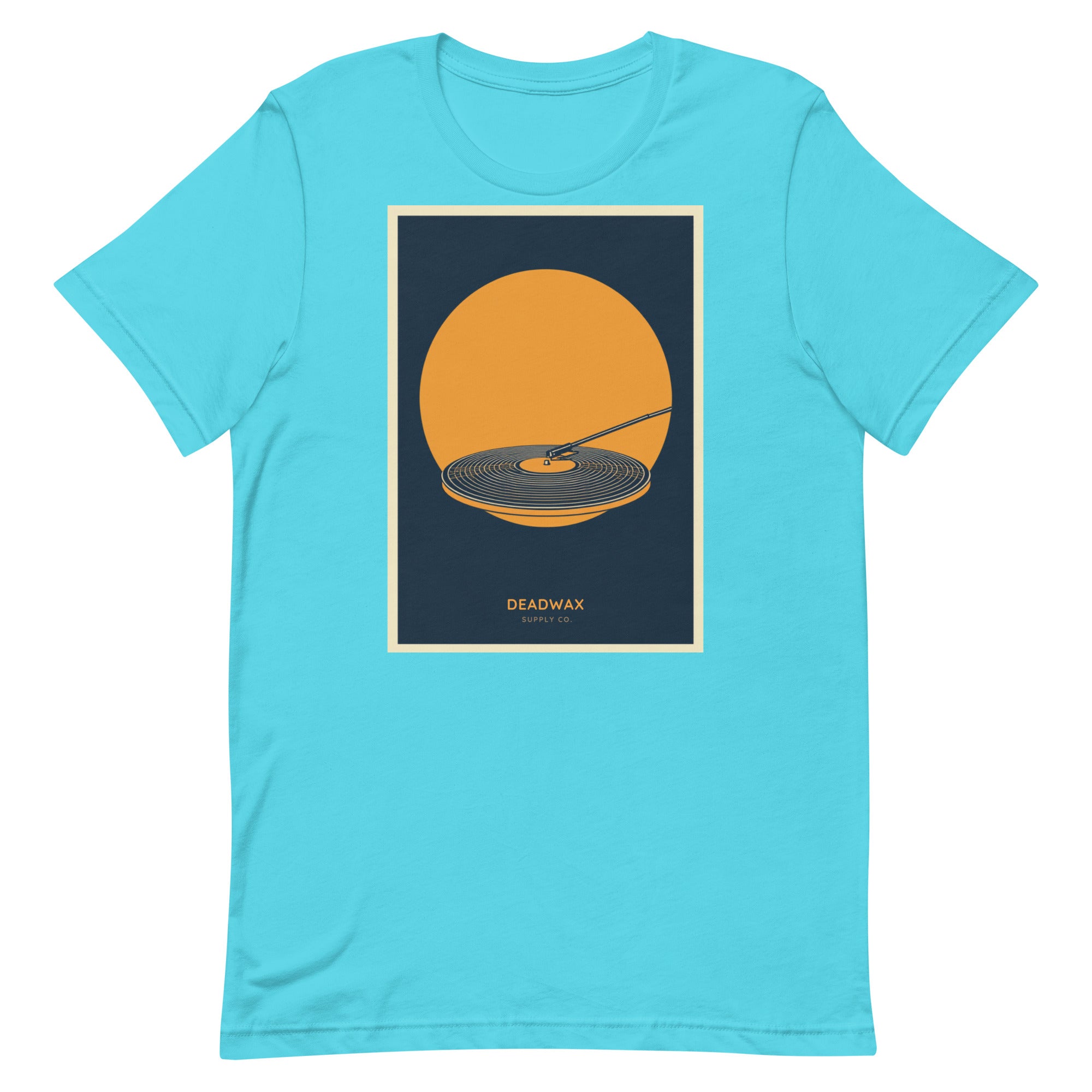 Deadwax Tonearm Tee in turquoise – vinyl record collector t-shirt with tonearm and record logo