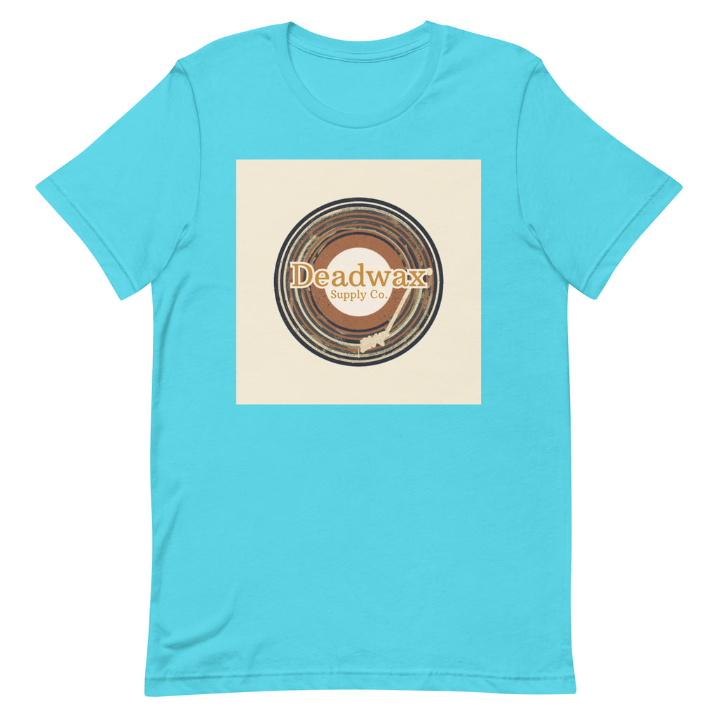 Deadwax Tonearm Tee in turquoise – vinyl record collector t-shirt with tonearm and record logo