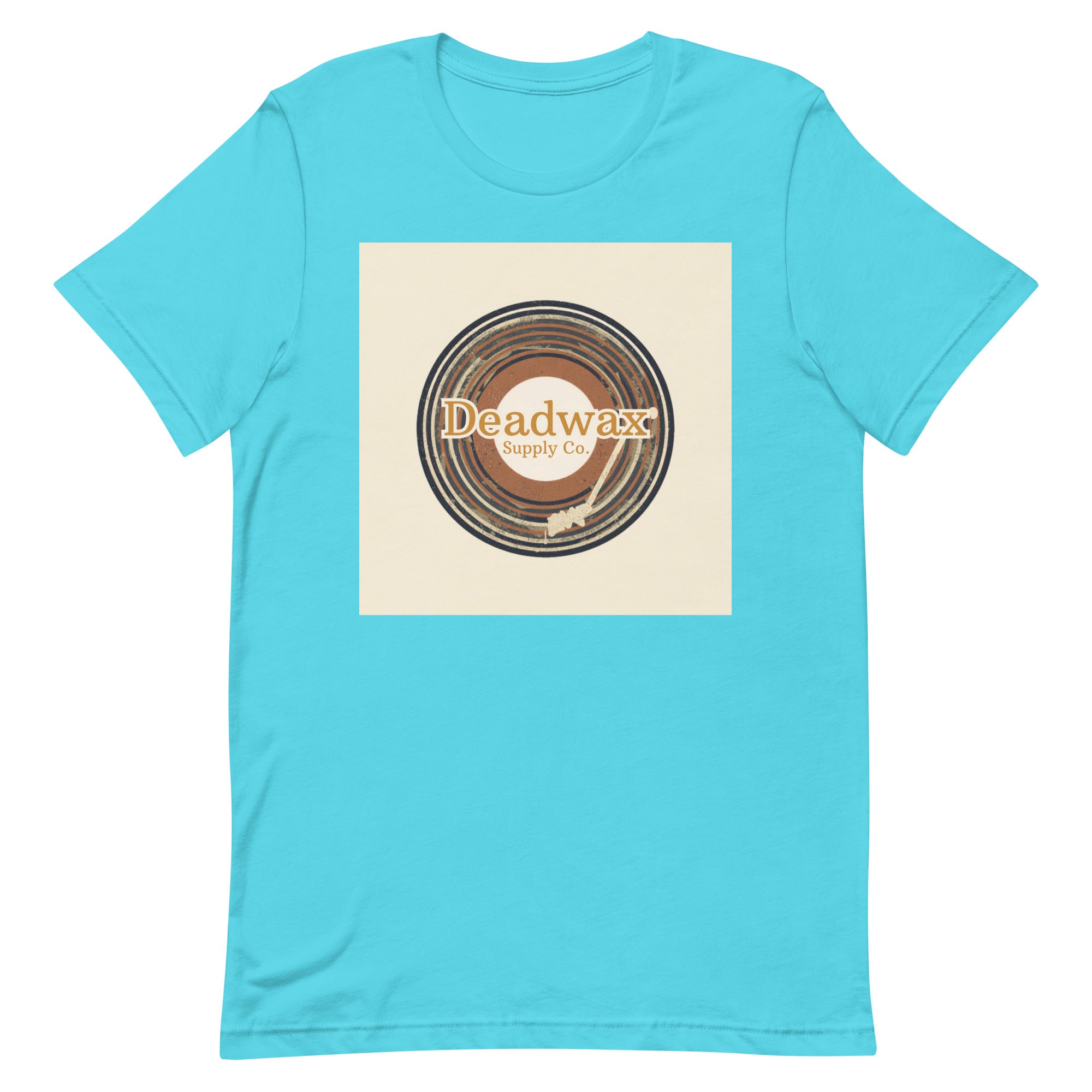 Deadwax Tonearm Tee in turquoise – vinyl record collector t-shirt with tonearm and record logo