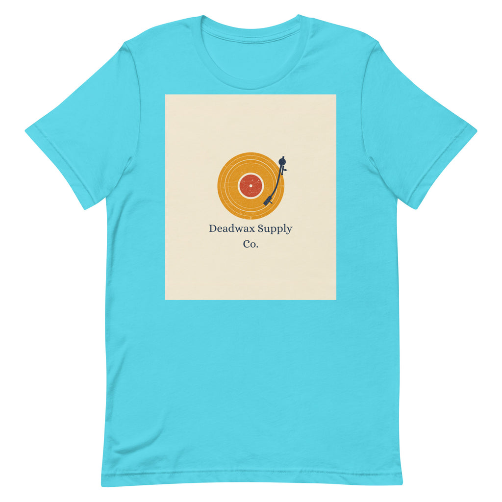 Deadwax Tonearm Tee in turquoise – vinyl record collector t-shirt with tonearm and record logo