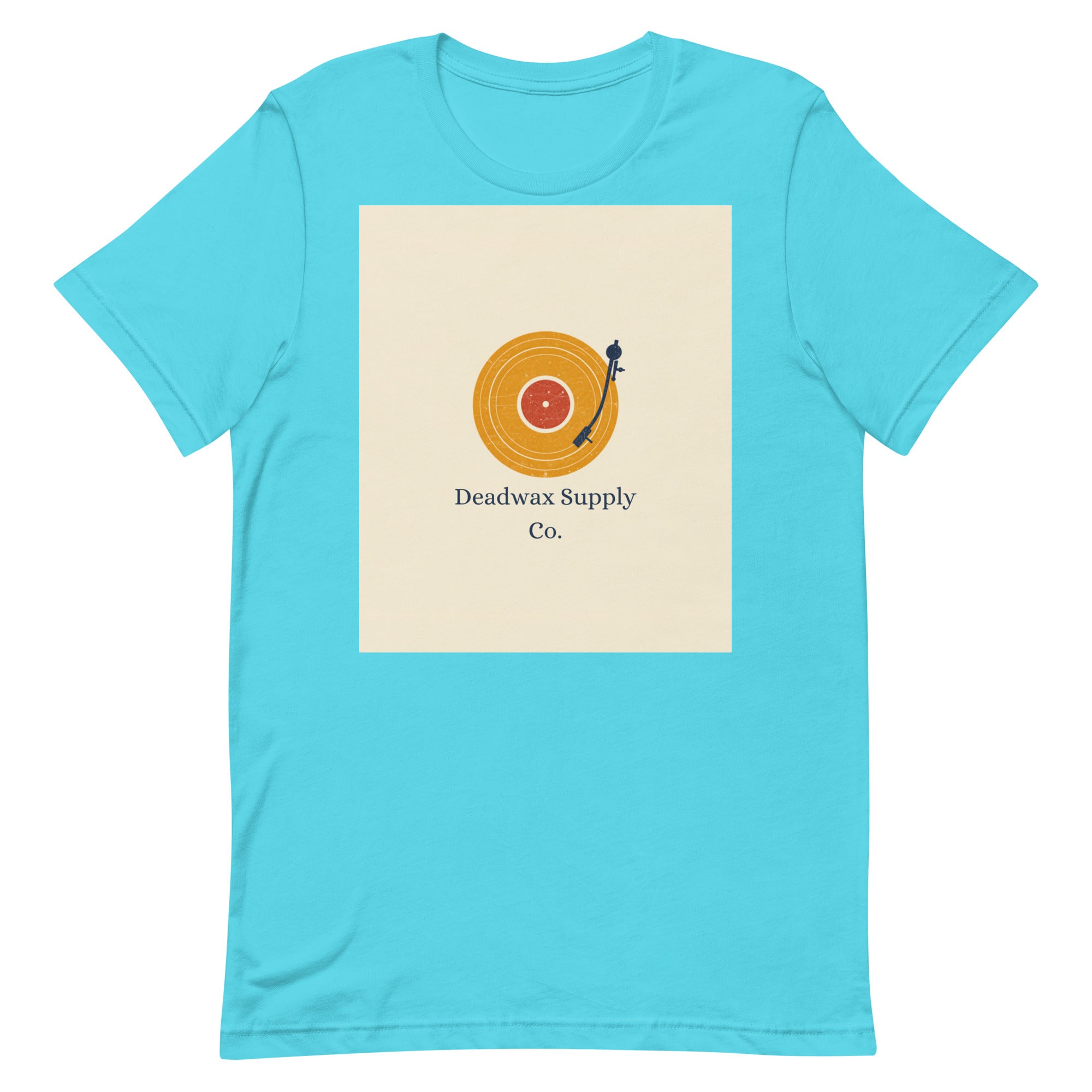 Deadwax Tonearm Tee in turquoise – vinyl record collector t-shirt with tonearm and record logo