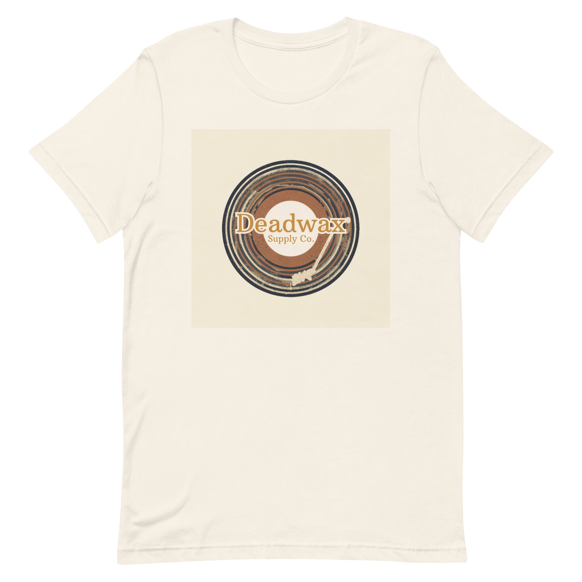 Deadwax Tonearm Tee in vintage white – vinyl record collector t-shirt with tonearm and record logo