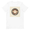 Deadwax Tonearm Tee in white – vinyl record collector t-shirt with tonearm and record logo