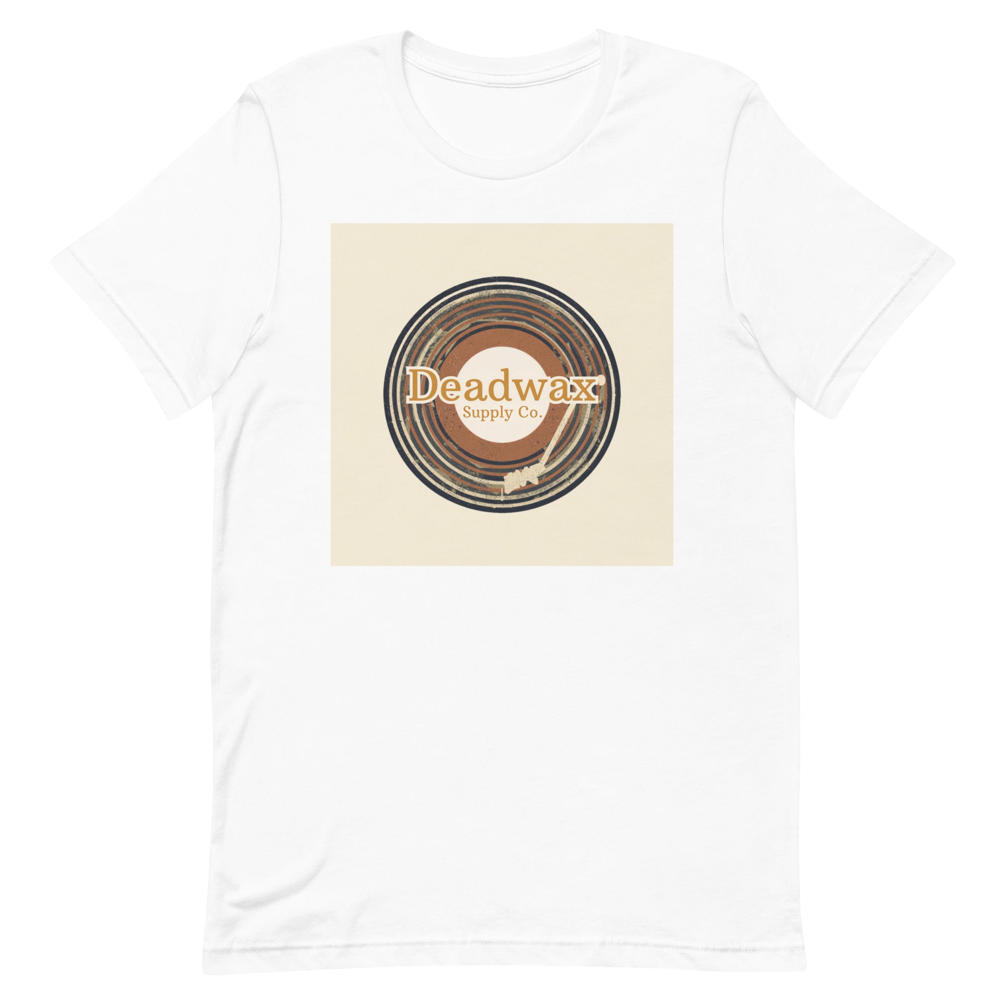 Deadwax Tonearm Tee in white – vinyl record collector t-shirt with tonearm and record logo