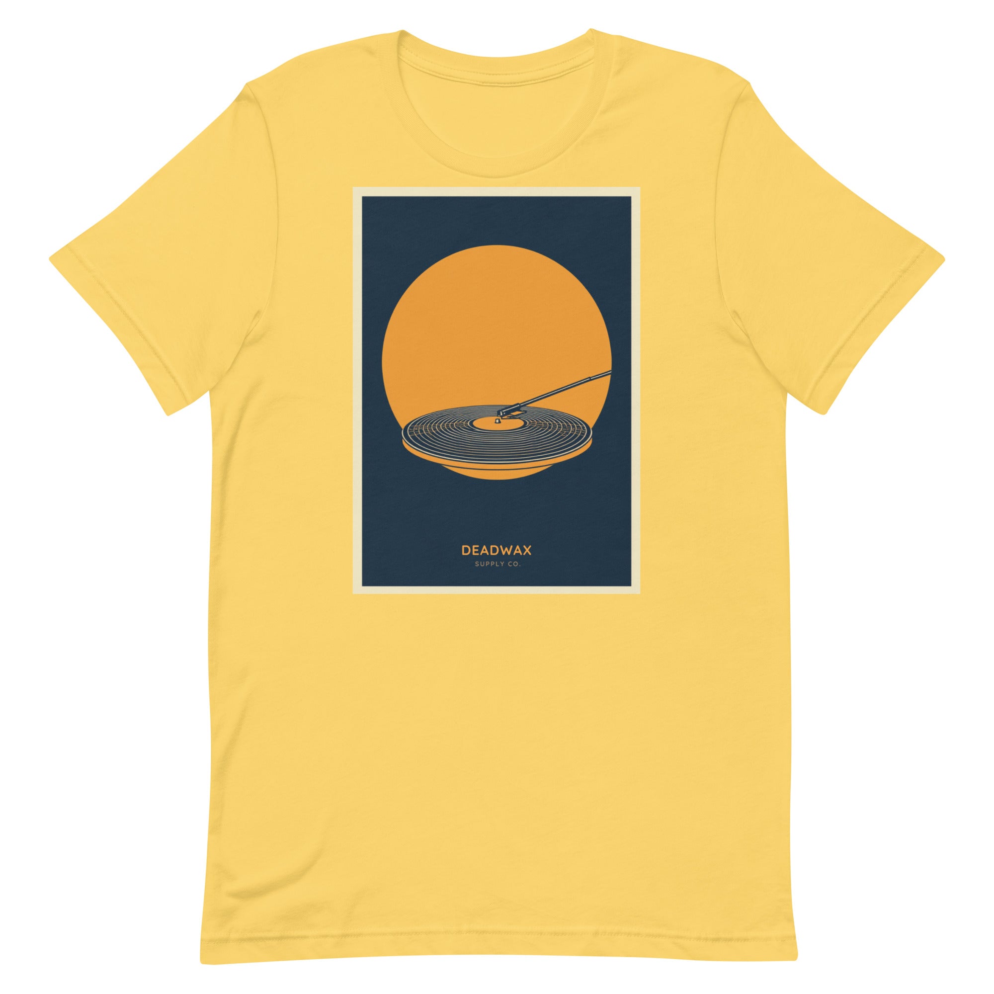 Deadwax Tonearm Tee in yellow – vinyl record collector t-shirt with tonearm and record logo