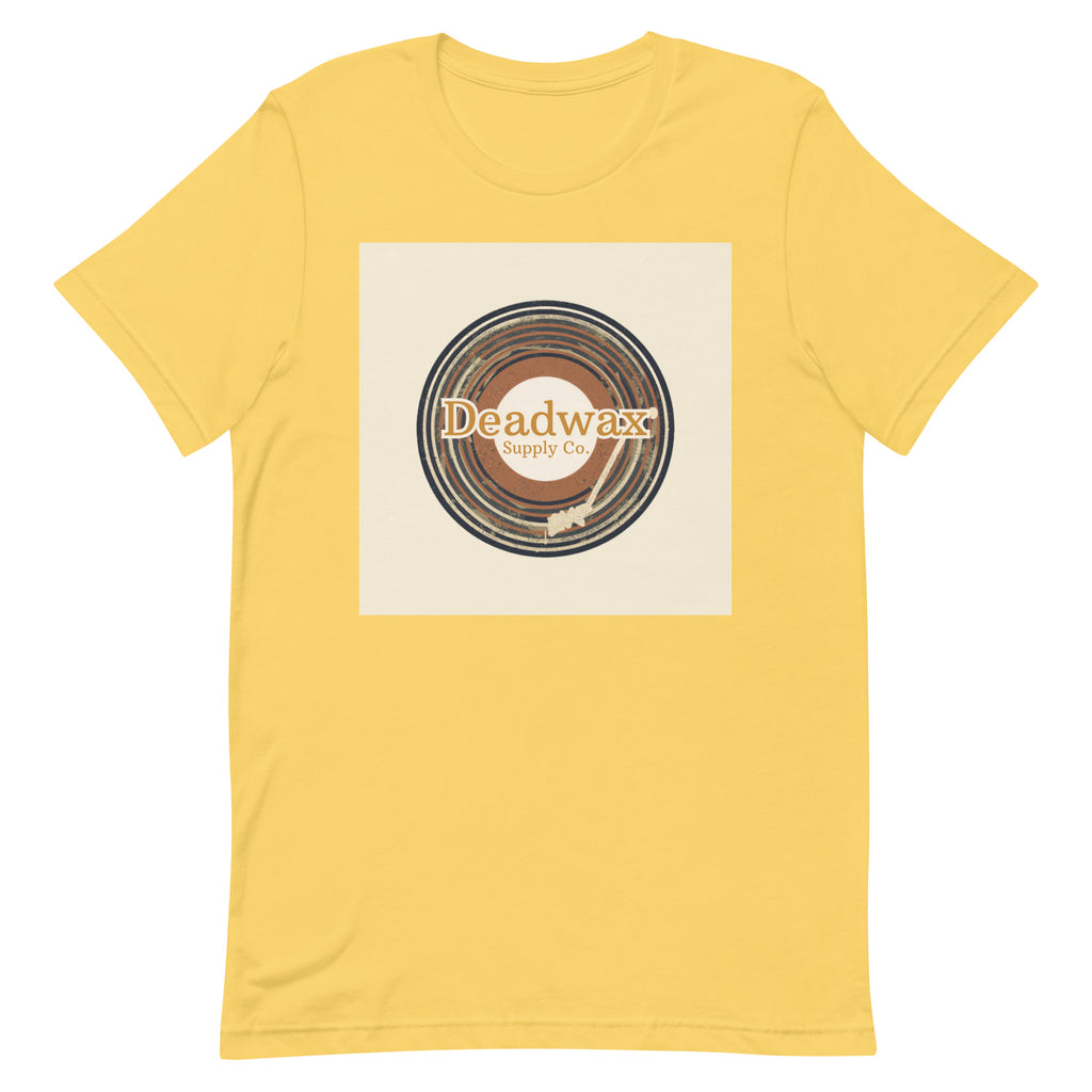 Deadwax Tonearm Tee in yellow – vinyl record collector t-shirt with tonearm and record logo