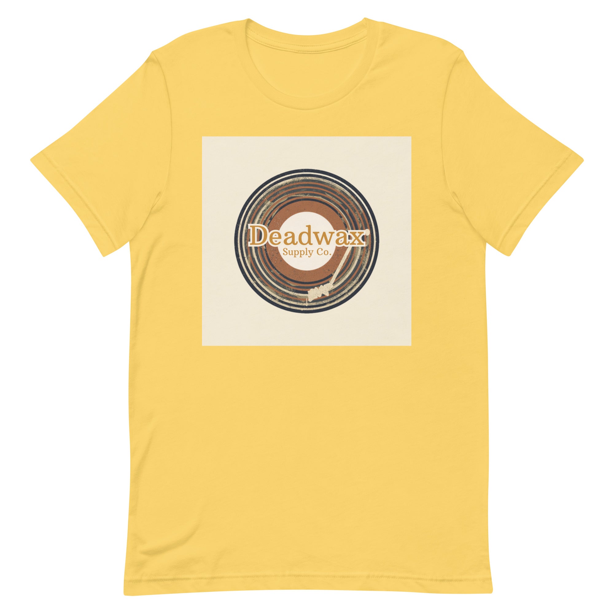 Deadwax Tonearm Tee in yellow – vinyl record collector t-shirt with tonearm and record logo