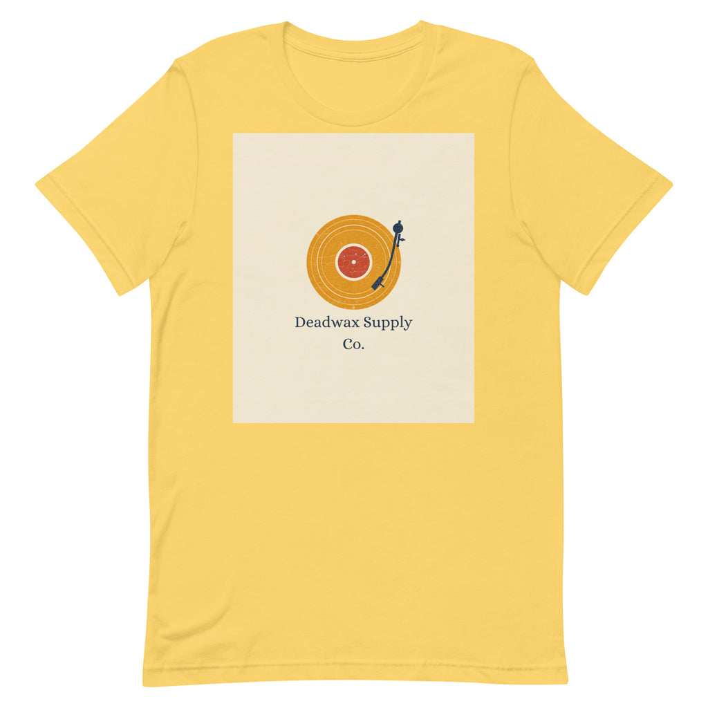 Deadwax Tonearm Tee in yellow – vinyl record collector t-shirt with tonearm and record logo