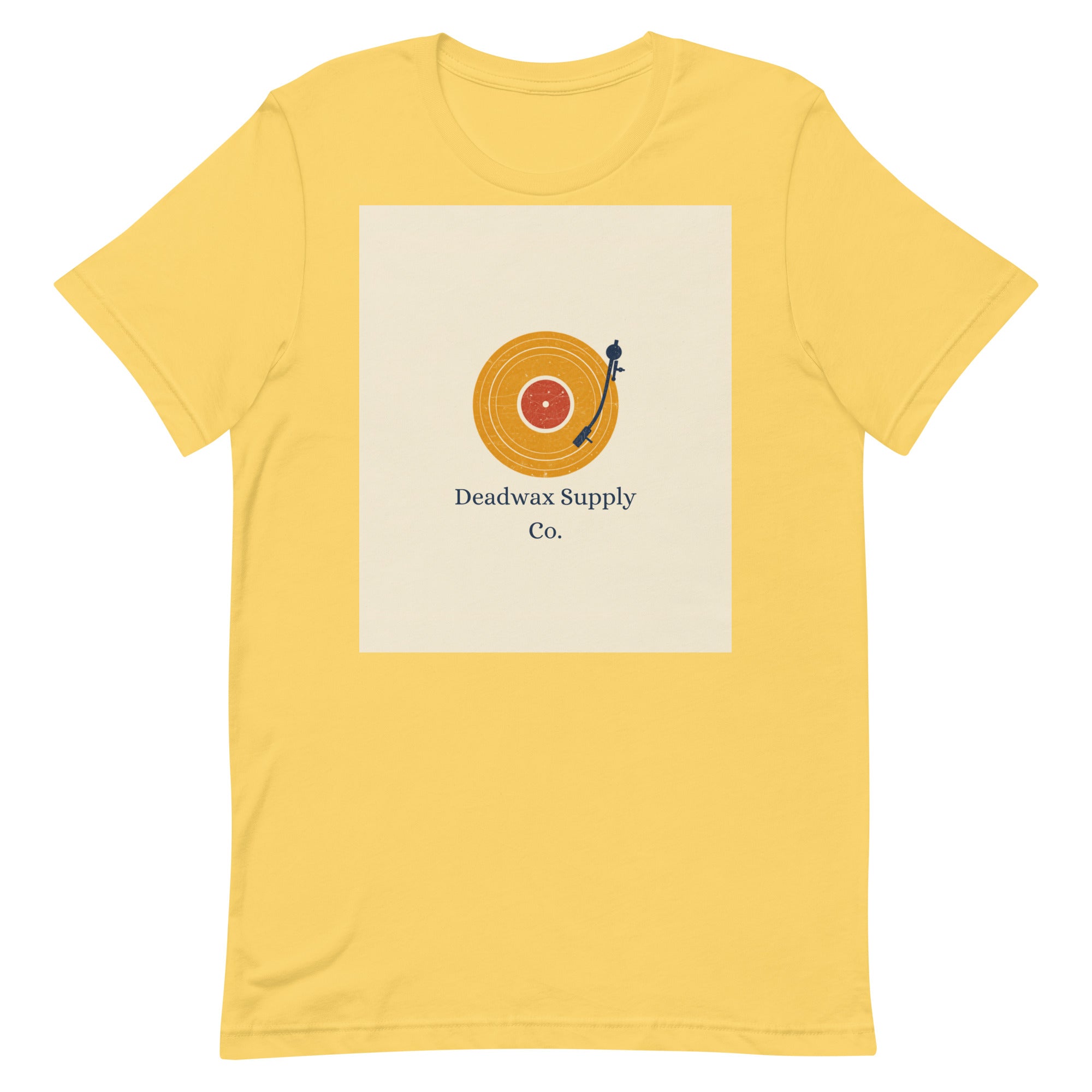 Deadwax Tonearm Tee in yellow – vinyl record collector t-shirt with tonearm and record logo