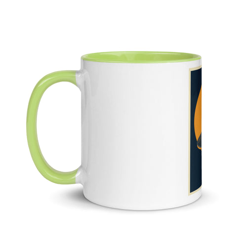 Deadwax Morning Spin Mug – ceramic mug with vinyl record and tonearm logo, left view