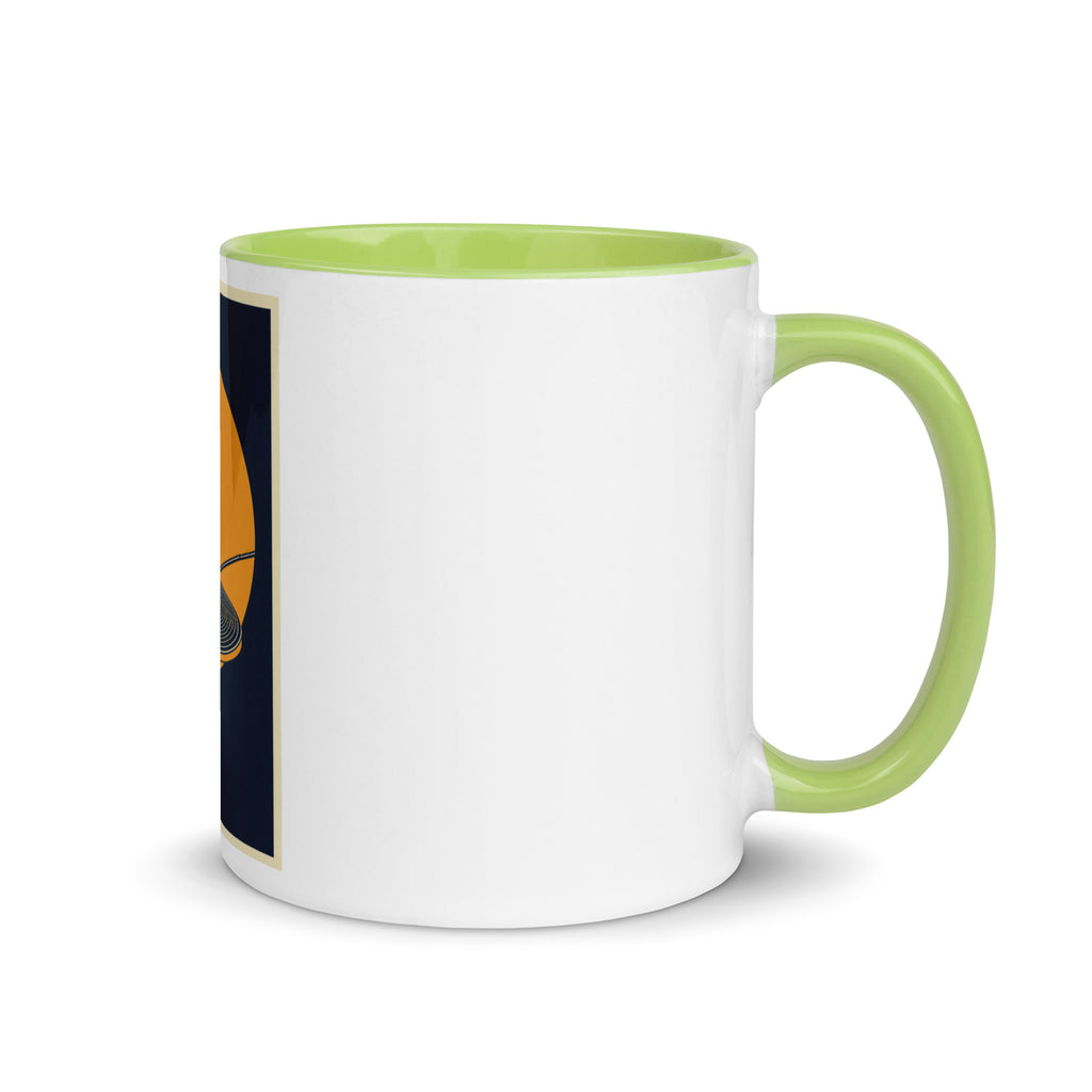 Deadwax Morning Spin Mug – ceramic mug with vinyl record and tonearm logo, right view